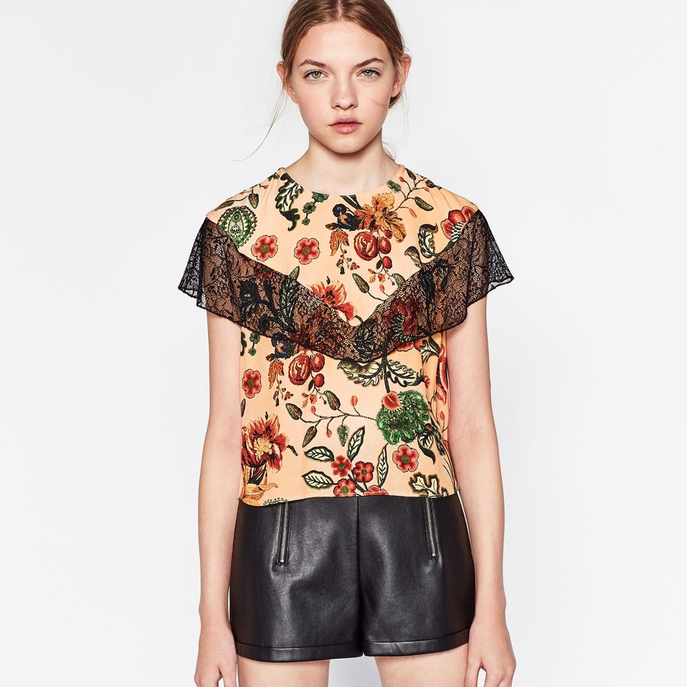 Zara Floral Blouse with Black Lace